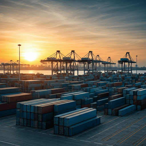 Container terminal at sunset