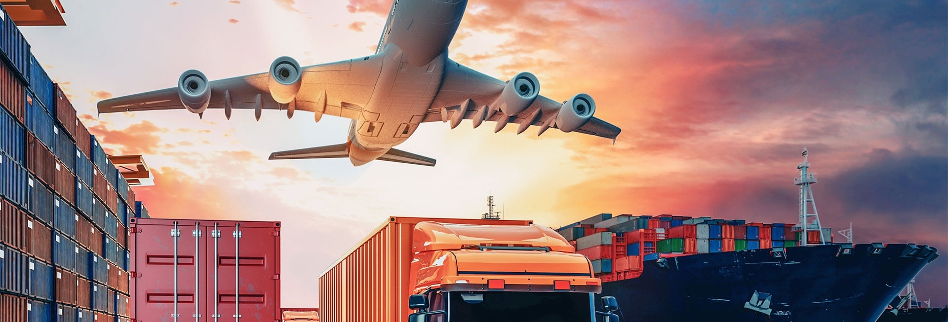 Global logistics — cargo plane, truck, and container ship